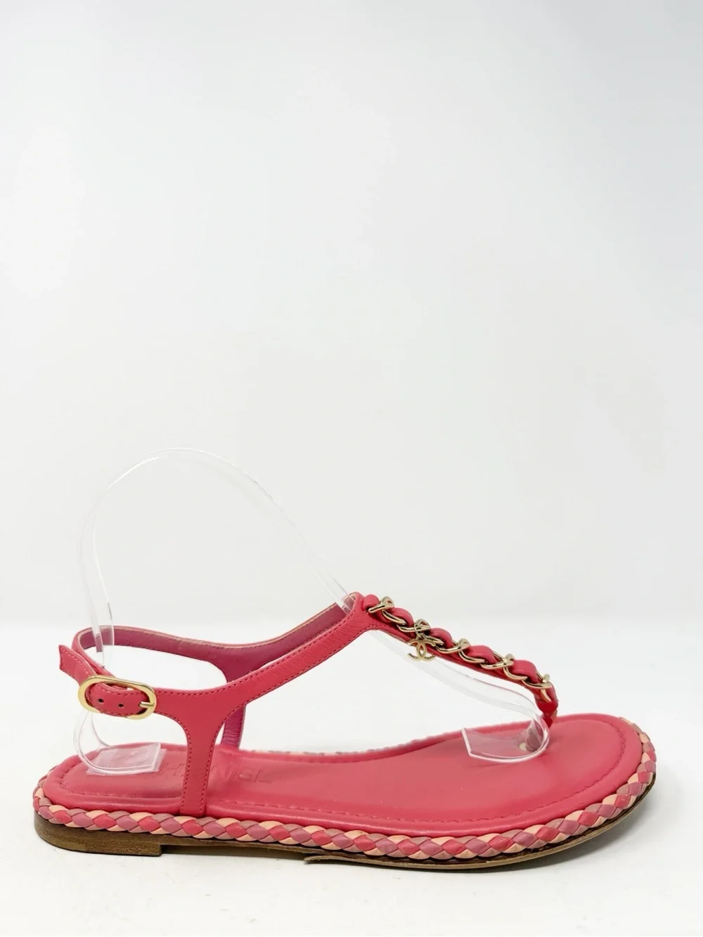 Chanel Chain CC Thong Flat Sandals Pink Womens Size EU 38